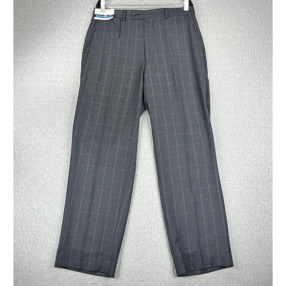 Vintage New Braggi Louis Raphael Dress Pants Mens 34x30 Gray Windowpane Plaid